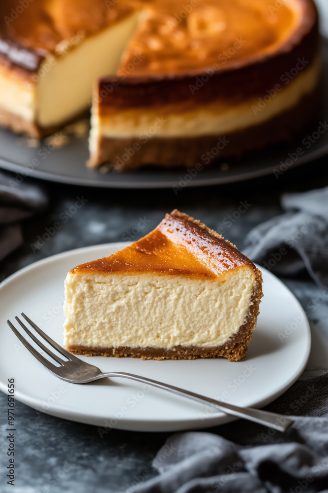 Close-up of a cheesecake slice served on a white plate Close-up of a cheesecake slice served on a white plate