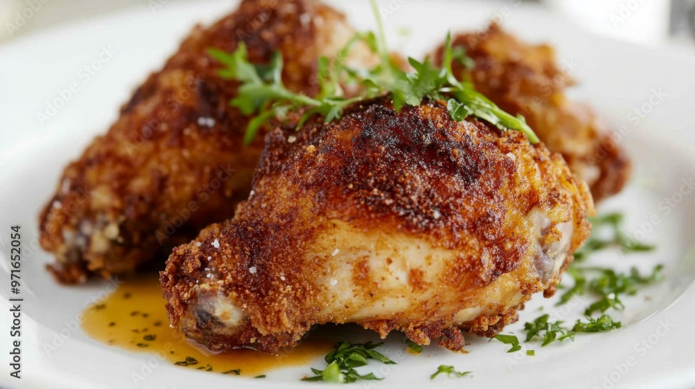 A close-up of a fried chicken thigh with a crispy, seasoned crust, set on a white plate with a garnish of fresh herbs and a light drizzle of sauce. A close-up of a fried chicken thigh with a crispy, seasoned crust, set on a white plate with a garnish of fresh herbs and a light drizzle of sauce.