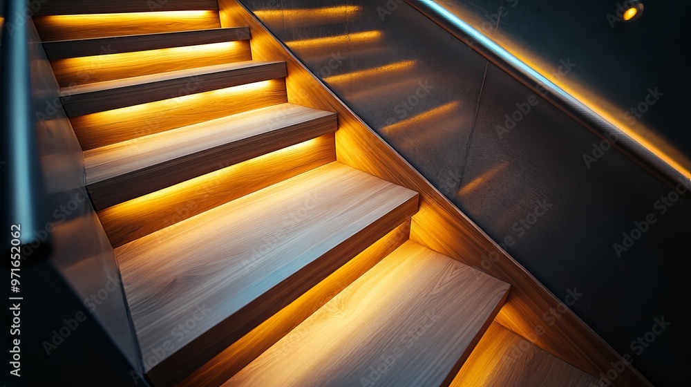 Stairway light bulbs designed for illuminating wooden stairs enhancing safety and highlighting the contemporary architecture of a modern house interior Stairway light bulbs designed for illuminating wooden stairs enhancing safety and highlighting the contemporary architecture of a modern house interior