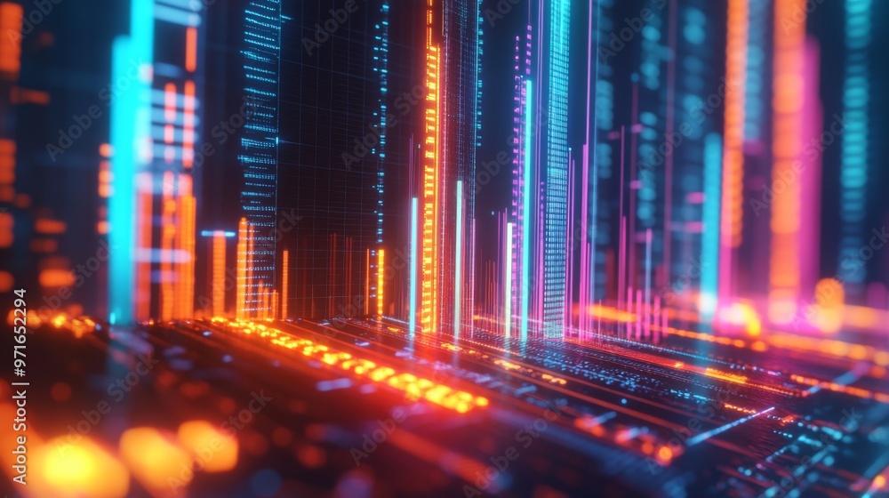 A close-up of a futuristic 3D bar graph with glowing neon bars, rising upward in a dynamic digital environment, symbolizing financial success and innovation. A close-up of a futuristic 3D bar graph with glowing neon bars, rising upward in a dynamic digital environment, symbolizing financial success and innovation.
