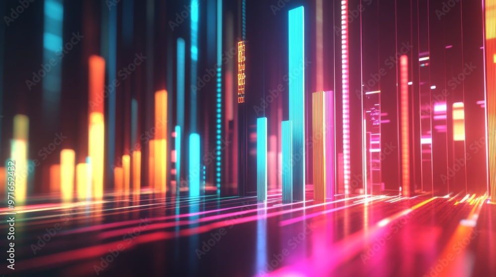 A close-up of a futuristic 3D bar graph with glowing neon bars, rising upward in a dynamic digital environment, symbolizing financial success and innovation. A close-up of a futuristic 3D bar graph with glowing neon bars, rising upward in a dynamic digital environment, symbolizing financial success and innovation.