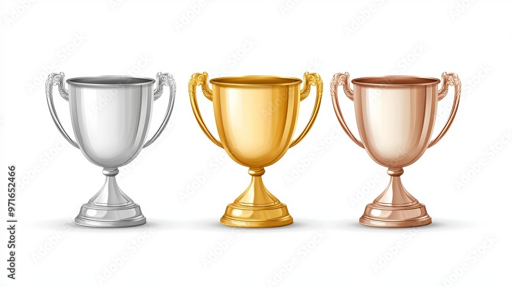 Vector illustration of blank golden silver and bronze champion cups isolated on a white background This design template represents championship trophies for sport tournament awards Vector illustration of blank golden silver and bronze champion cups isolated on a white background This design template represents championship trophies for sport tournament awards