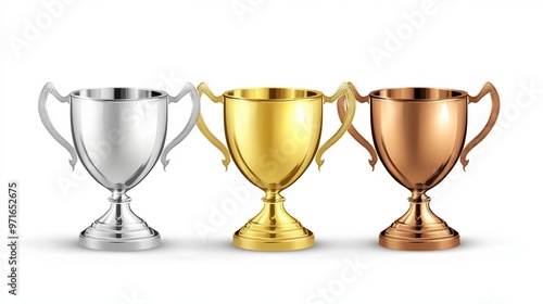 Vector illustration of blank golden silver and bronze champion cups isolated on a white background This design template represents championship trophies for sport tournament awards