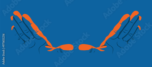 Outstretched hands with palms down, in framing position, with cool and warm colors. Vector illustration with copy space