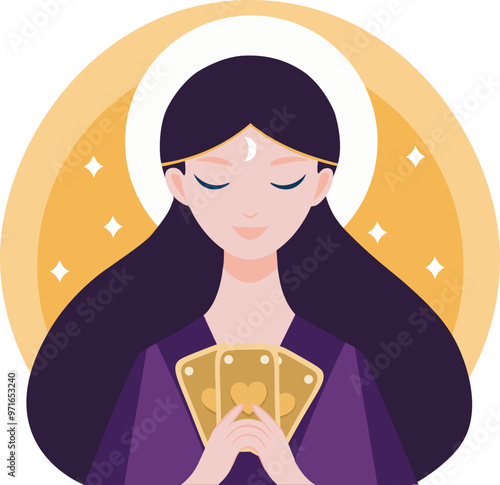 Vector flat illustration of cartoon mysterious fortune teller with tarot cards
