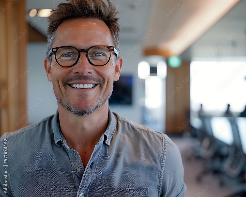 Businessman wearing glasses and a casual shirt, smiling and posing in a modern office setting with a conference room behind him. Businessman wearing glasses and a casual shirt, smiling and posing in a modern office setting with a conference room behind him.
