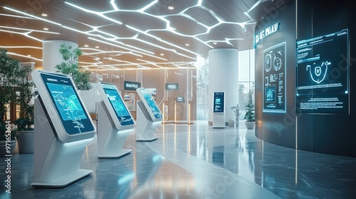 A modern bank lobby with digital kiosks and interactive screens, customers using biometric authentication, futuristic interior design, efficient and secure environment