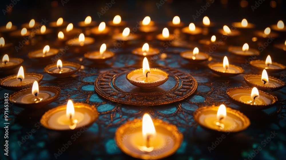 Multiple Diyas placed in a symmetrical pattern, creating a beautiful, glowing display Multiple Diyas placed in a symmetrical pattern, creating a beautiful, glowing display