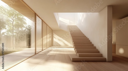 Wood staircase inside a contemporary white modern house