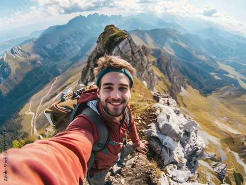 A young hiker man taking a vertical selfie portrait on the summit of a mountain, with a breathtaking view in the background. The happy guy is smiling at the camera photo