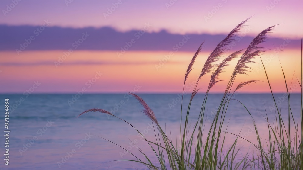 Naklejka premium A serene coastal scene at sunset with grass swaying by the water.