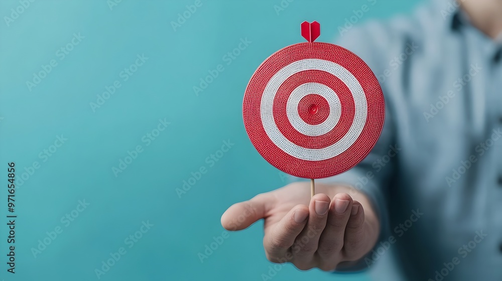 Businessman Holding a Dart Board for Business Goal Concept on Blue Background Businessman Holding a Dart Board for Business Goal Concept on Blue Background