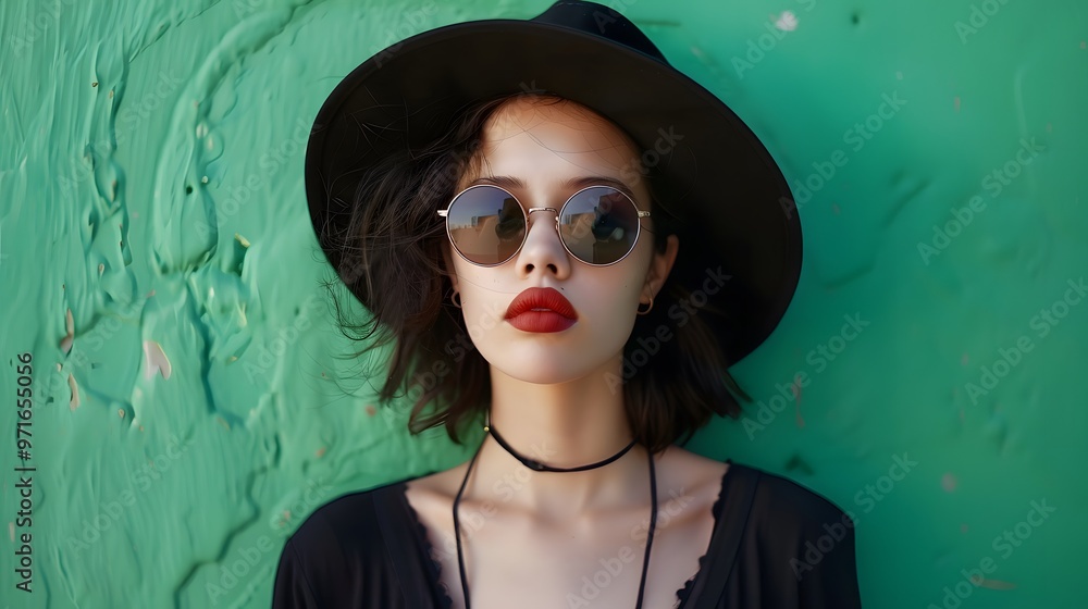 Young model in stylish look hat and sunglasses on green background Young model in stylish look hat and sunglasses on green background