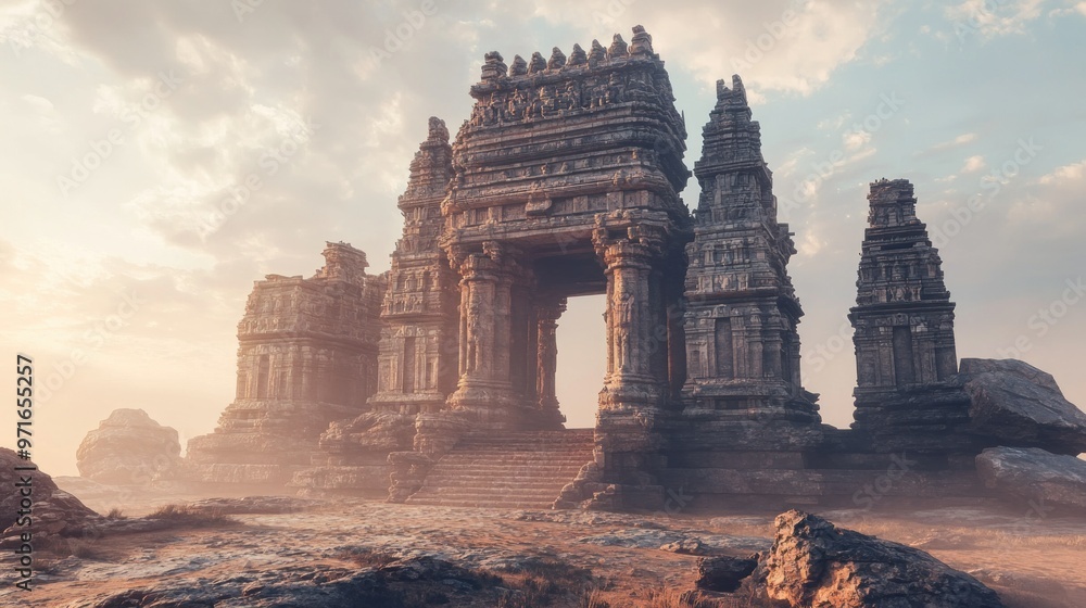 Fototapeta premium Ancient Stone Temple with Archway in a Misty Landscape