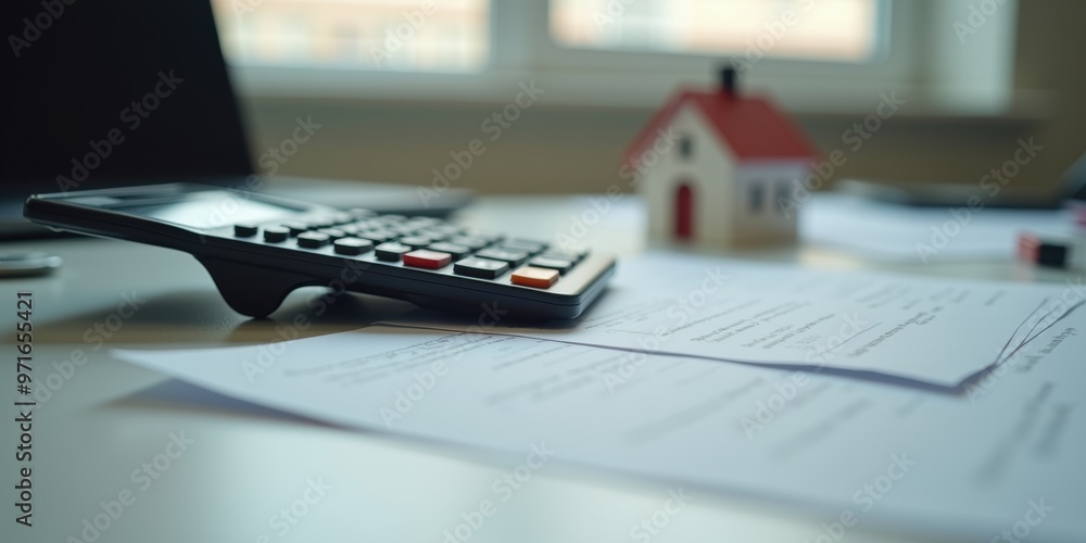 A close-up of a calculator and paperwork, alongside a small house model, portraying financial and real estate planning themes in a professional setting. A close-up of a calculator and paperwork, alongside a small house model, portraying financial and real estate planning themes in a professional setting.