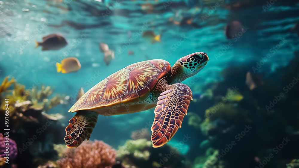 Fototapeta premium A turtle swimming in a deep ocean underwater surrounded by fish and corals