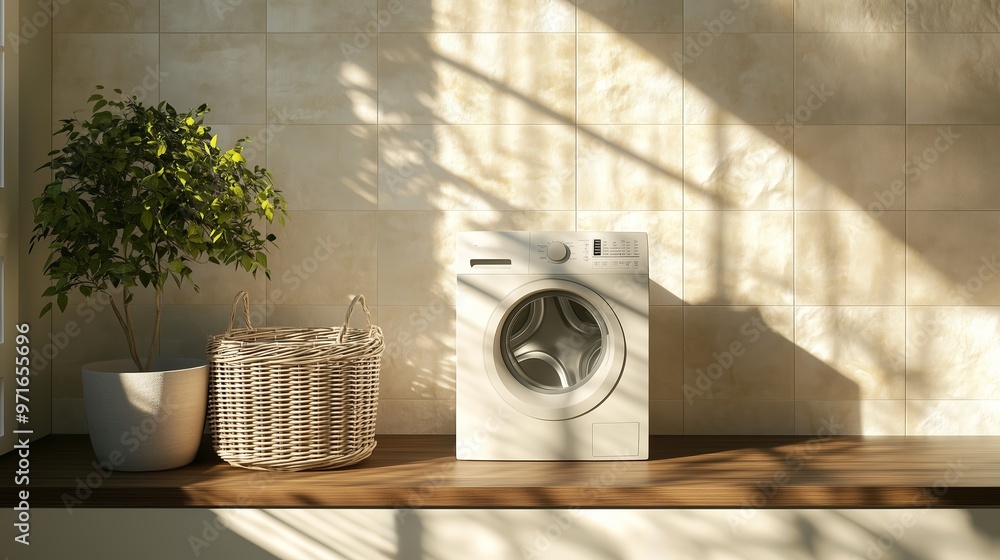 Modern laundry setup featuring a washing machine and a decorative plant in a sunlit room with soft lighting and minimalistic decor Modern laundry setup featuring a washing machine and a decorative plant in a sunlit room with soft lighting and minimalistic decor