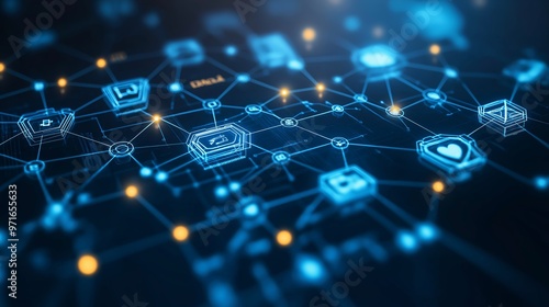 Abstract background featuring overlapping medical and tech symbols with glowing blue nodes, ideal for healthcare innovation themes