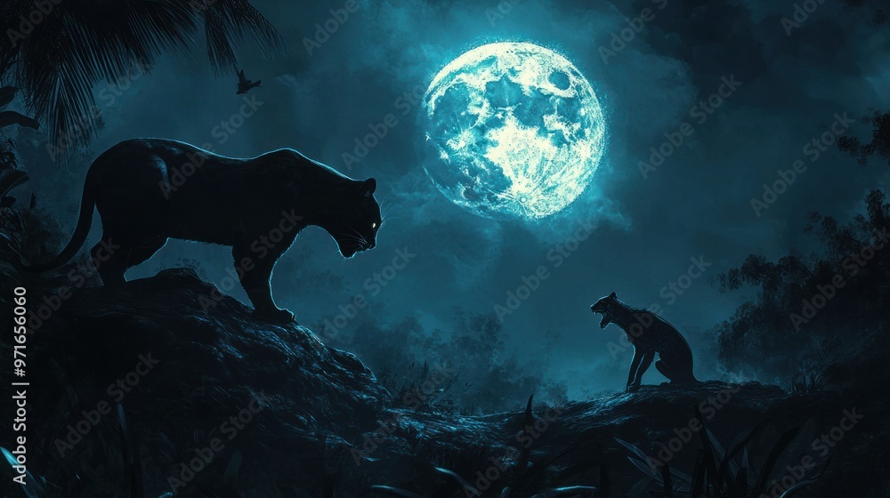 Two Black Panthers Under a Full Moon in a Dark Forest Two Black Panthers Under a Full Moon in a Dark Forest