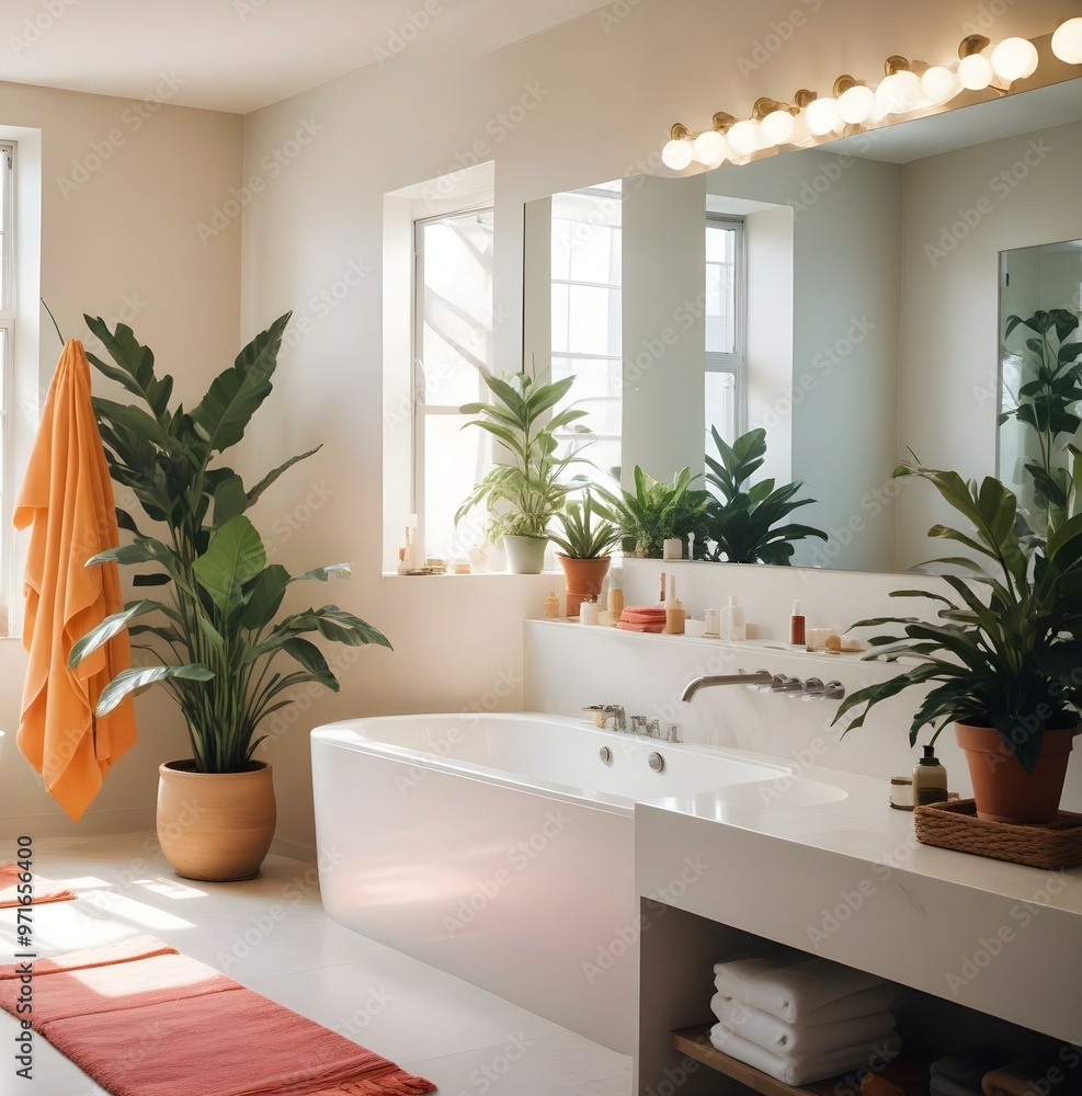 Cozy Modern bright loft style bathroom, large indoor plants, mirror, soft morning light. AI generated. Cozy Modern bright loft style bathroom, large indoor plants, mirror, soft morning light. AI generated.