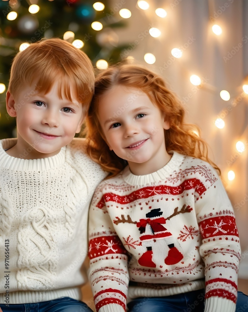 Photo portrait of little boy and girl, siblings, redhead, smiling, christmas sweaters, festive Christmas background with blurred garland lights. AI generated Photo portrait of little boy and girl, siblings, redhead, smiling, christmas sweaters, festive Christmas background with blurred garland lights. AI generated