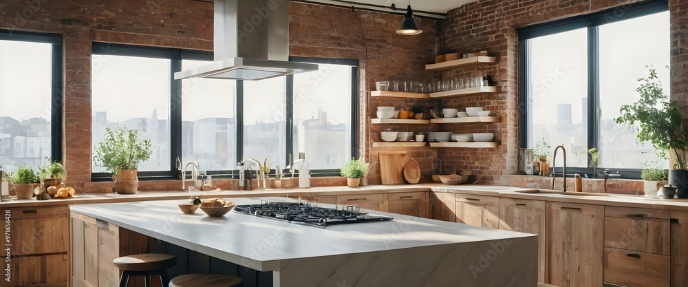 Modern bright loft style kitchen. Morning light. AI generated Modern bright loft style kitchen. Morning light. AI generated