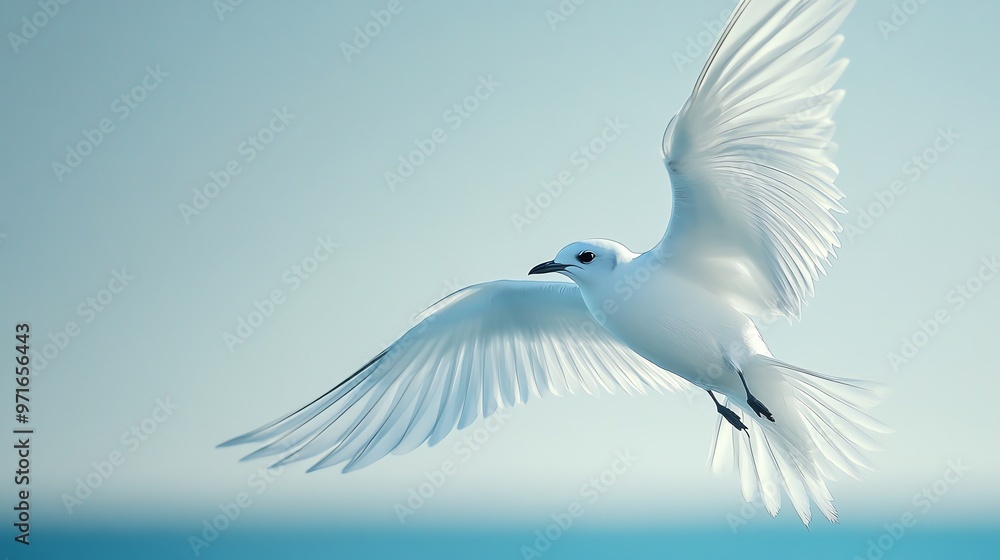 Obraz premium A white bird with its wings spread wide soars through the sky.