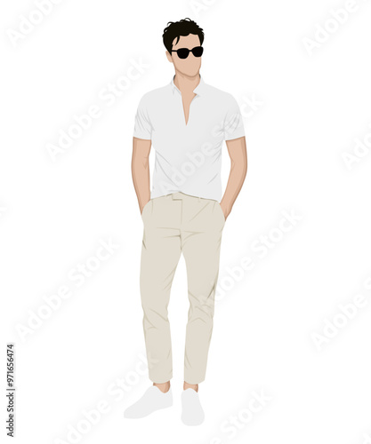 Vector illustration of a man in a light shirt and beige pants. Bright summer image