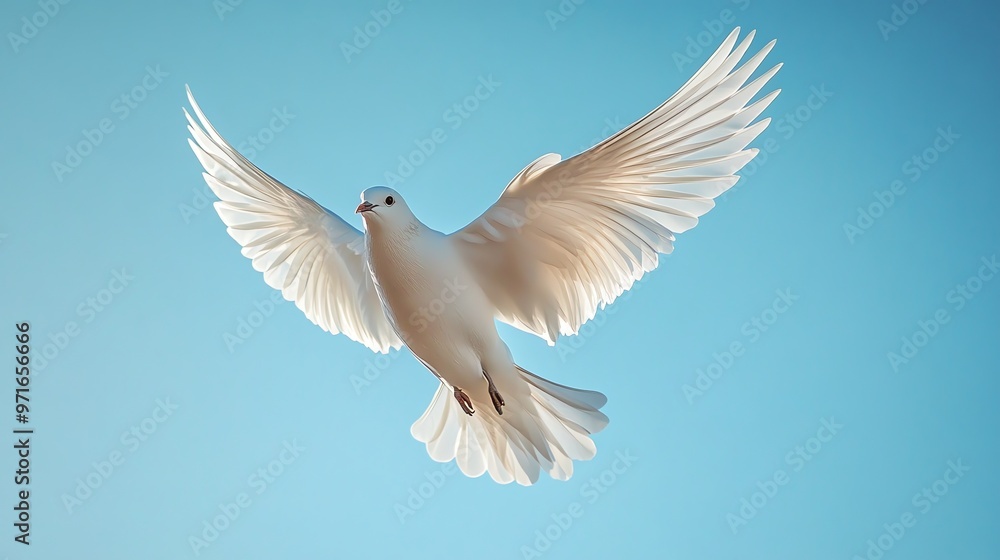 Obraz premium White dove flying against a clear blue sky.