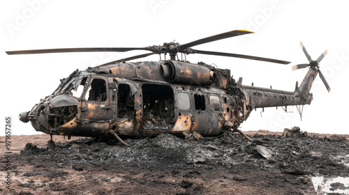 wreckage of a burned military combat helicopter on transparent background