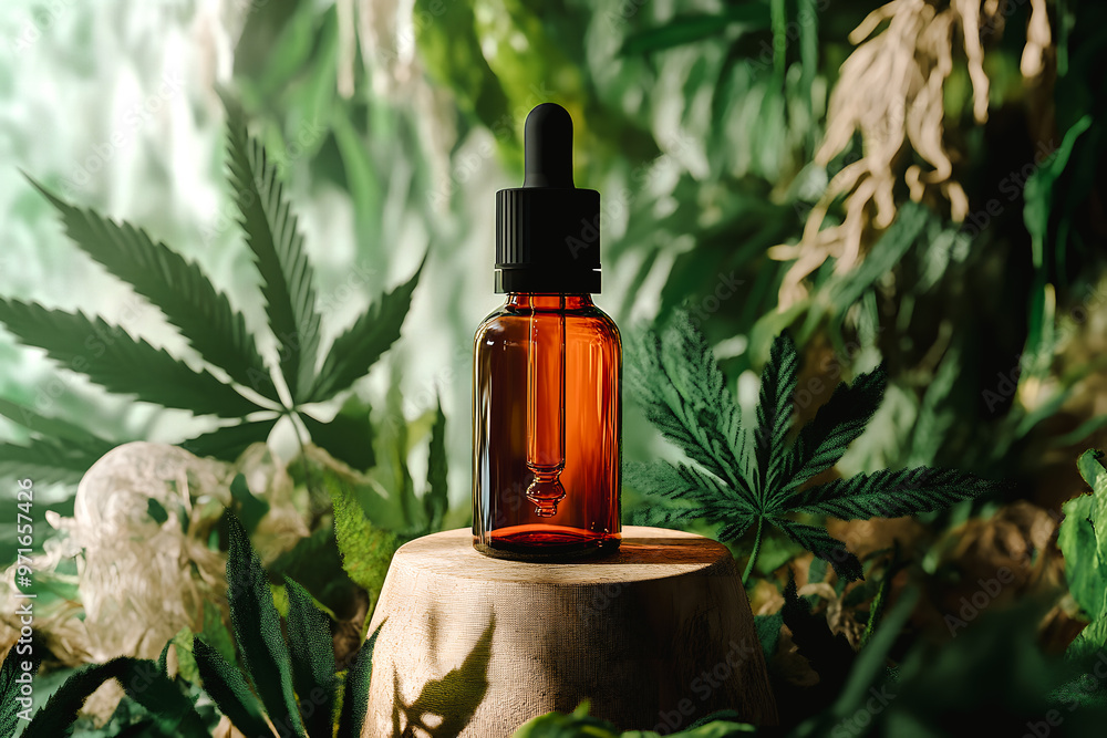 Flacon de cbd sur présentoir en pierre avec fond en feuilles de cannabis Flacon de cbd sur présentoir en pierre avec fond en feuilles de cannabis