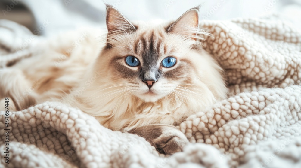 Cat with blue eyes lying on a blanket, looking directly at the camera, fur soft and well-groomed, gentle lighting Cat with blue eyes lying on a blanket, looking directly at the camera, fur soft and well-groomed, gentle lighting