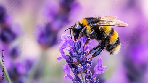 A bumble bee pollinates lavender flowers.