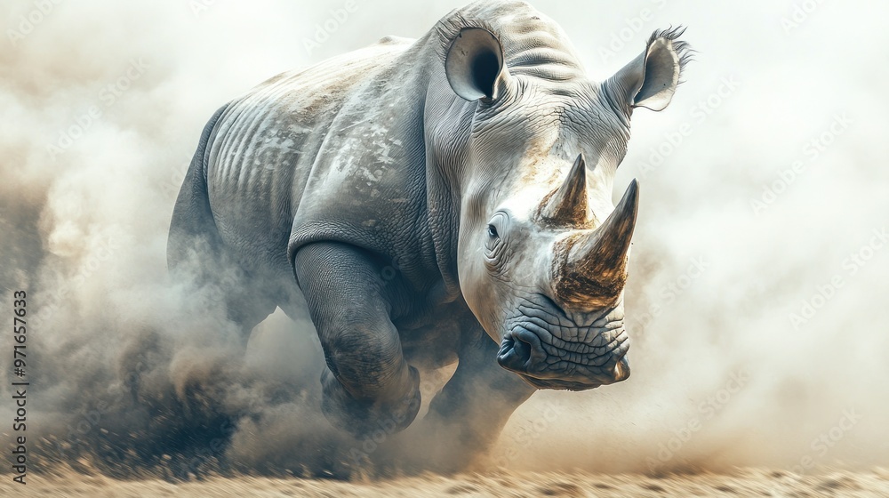 Fototapeta premium A White Rhinoceros Charging Through Dust