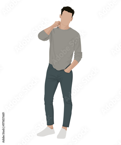 Vector illustration of a man in a light gray sweater and green pants. Autumn casual style