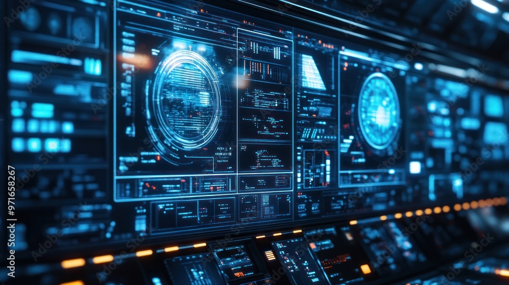 Close-up of factory cyber security operations, digital interfaces displaying threat alerts and monitoring tools, high-tech control room Close-up of factory cyber security operations, digital interfaces displaying threat alerts and monitoring tools, high-tech control room