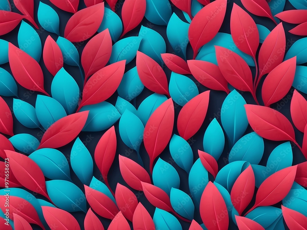 abstract pattern of overlapping red and teal leaves, forming a symmetrical, nature-inspired design