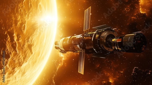 Deep space exploration vehicle in orbit around a distant exoplanet, capturing high-resolution images, emphasis on discovery and innovation