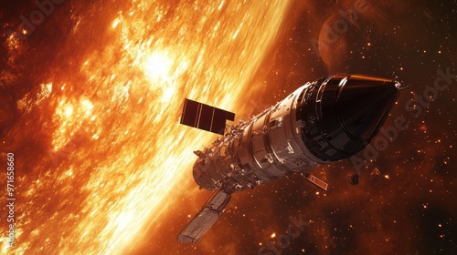 Deep space exploration vehicle in orbit around a distant exoplanet, capturing high-resolution images, emphasis on discovery and innovation