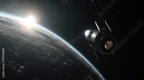 Deep space exploration vehicle in orbit around a distant exoplanet, capturing high-resolution images, emphasis on discovery and innovation