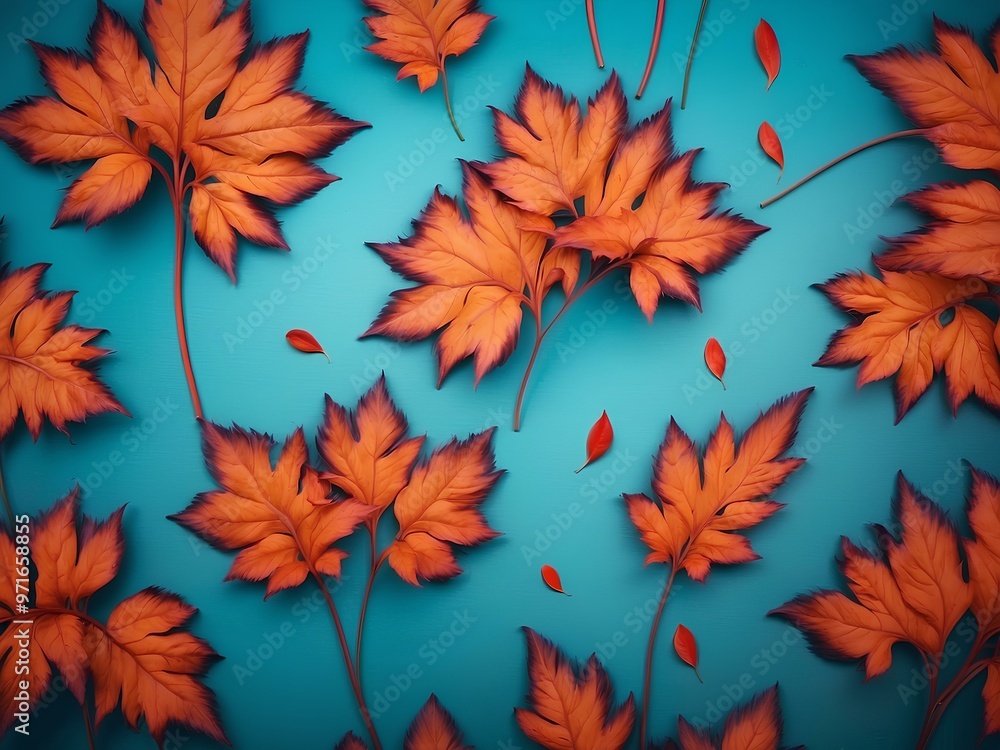 Fototapeta premium artistic arrangement of vibrant orange autumn leaves scattered over a teal background in a stylized pattern