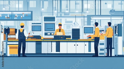 Group of workers on an assembly line, highlighting teamwork and efficiency, cutting-edge equipment surrounding them