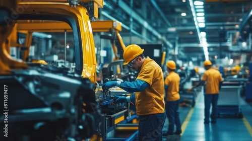 Group of workers on an assembly line, highlighting teamwork and efficiency, cutting-edge equipment surrounding them