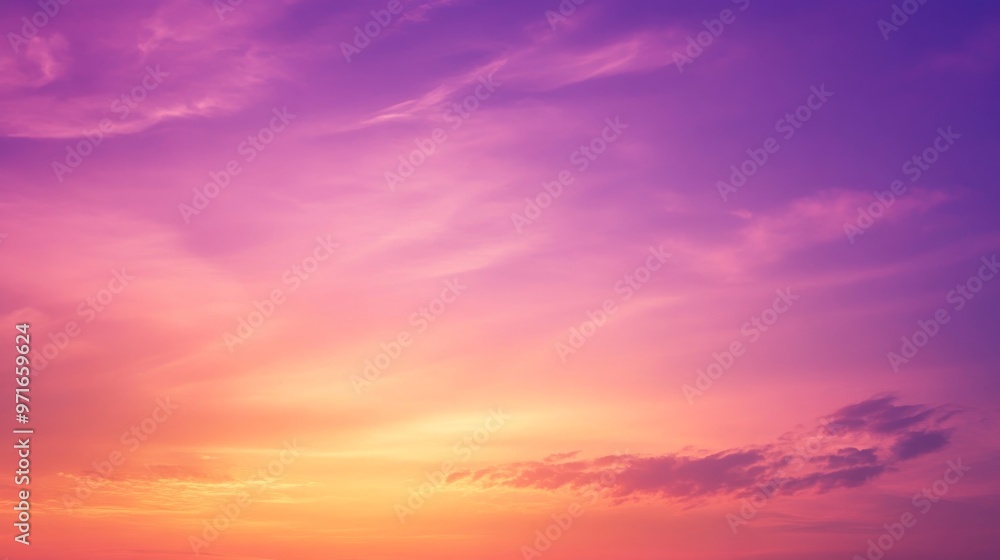 Fototapeta premium A clear sky displays a soft gradient of colors, where shades of soft purple delicately merge with warm oranges on the horizon. Beautiful sky with a sense of serenity.