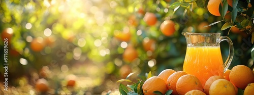 Orange Orchard with Ripe Fruit in Foreground and a Pitcher Filled with Juice photo