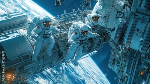 Human spaceflight, astronauts working together on a space station, performing scientific experiments, teamwork and high-tech environment