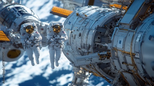 Human spaceflight, astronauts working together on a space station, performing scientific experiments, teamwork and high-tech environment