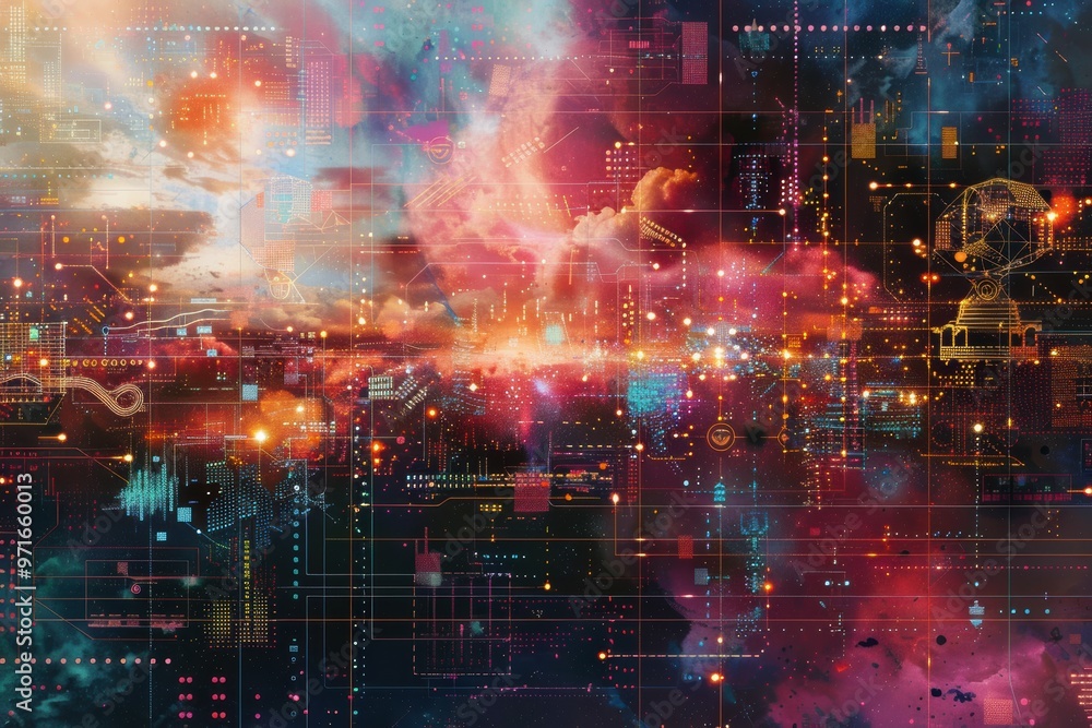 Fototapeta premium AI algorithm abstract background with digital patterns, circuits, and codes.