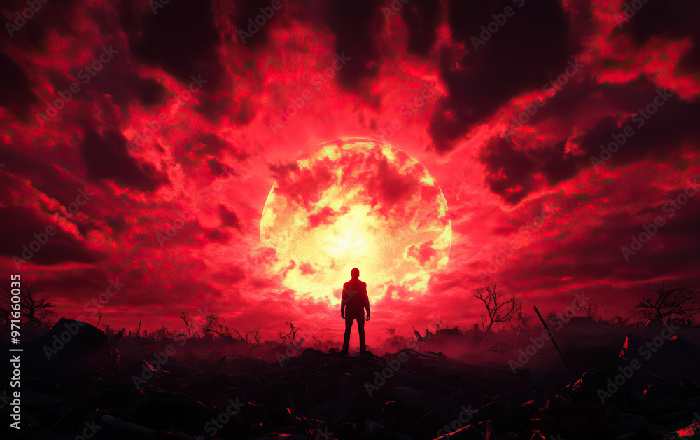 Fototapeta premium A lone figure stands amid the chaos, silhouetted against a dramatic red sky and an enormous sun, evoking a sense of despair and beauty.