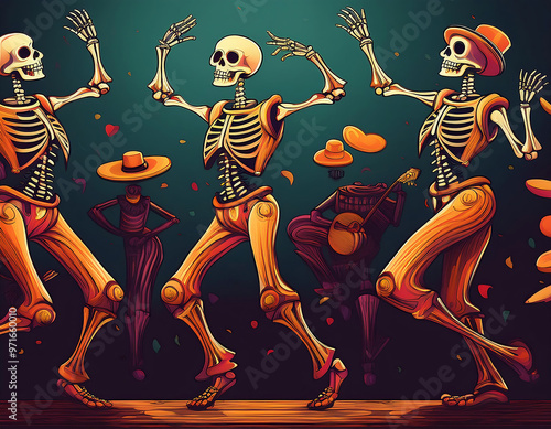  Set of dancing skeletons, posed in various positions, perfect for Halloween or Día de los M_1(757)